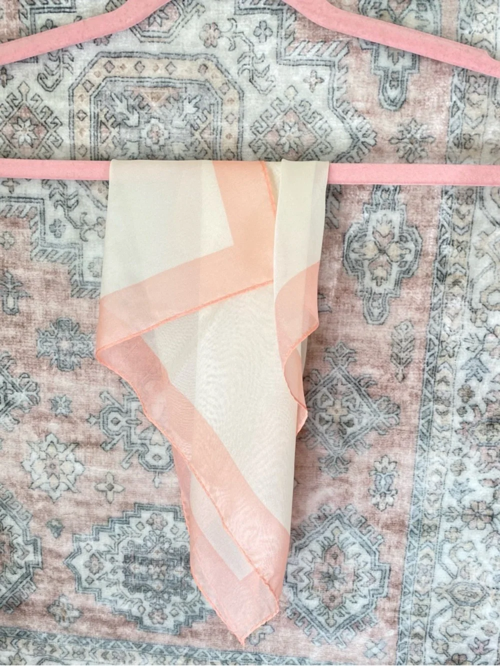 SILK SCARF Sheer Cream Pink Border 17” Square